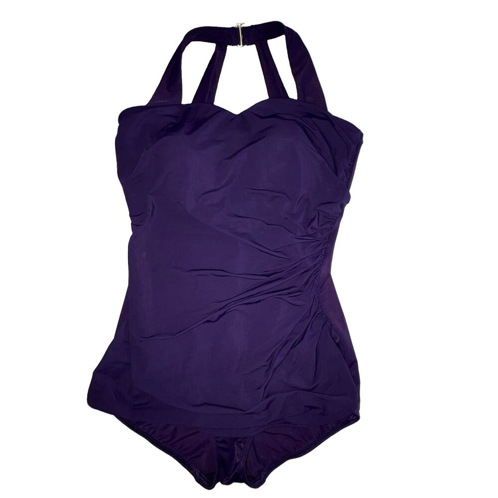 Lands' End Purple One Piece Swimsuit Women's Size 10DD UPF 50+ Racerback Shirred
